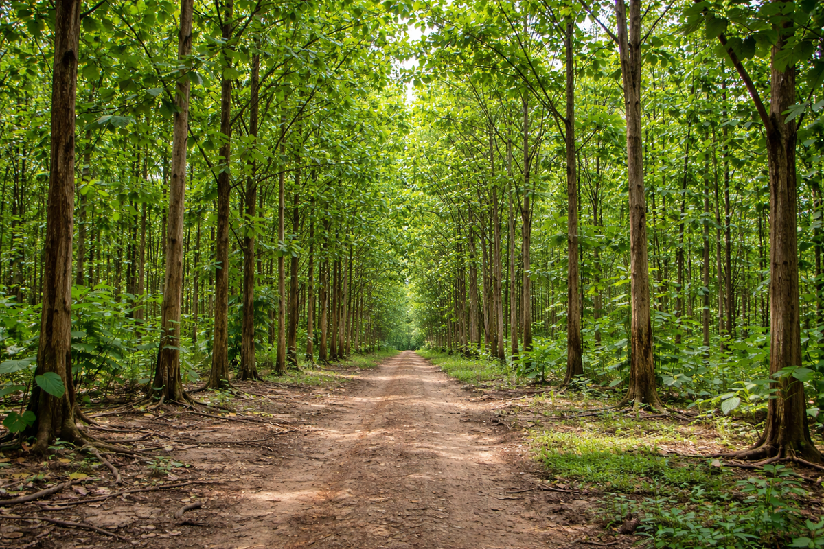 Indonesian teak wood forest with a dirt path in the center
