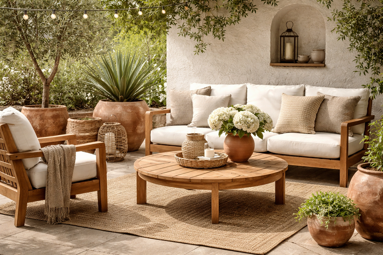 Sunlit outdoor patio with teak wood sofa, armchair, and round coffee table on a woven rug. Neutral cushions, terracotta planters with greenery, lanterns, and string lights create a warm, natural, rustic-modern outdoor living space.