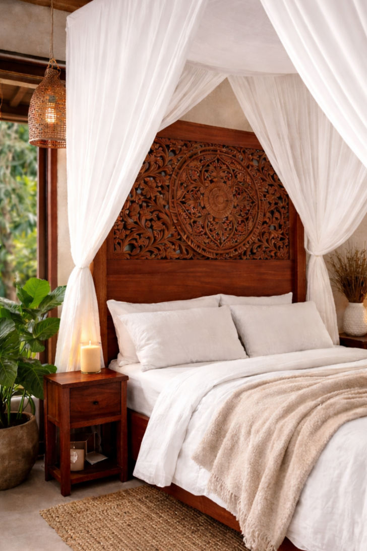 Luxury mahogany canopy bed with hand-carved mandala headboard, smooth white sheer curtains, crisp linen bedding, beige throw, wooden nightstands, candlelight, potted plant, woven rug, and soft daylight creating a calm, cozy, nature-inspired bedroom.
