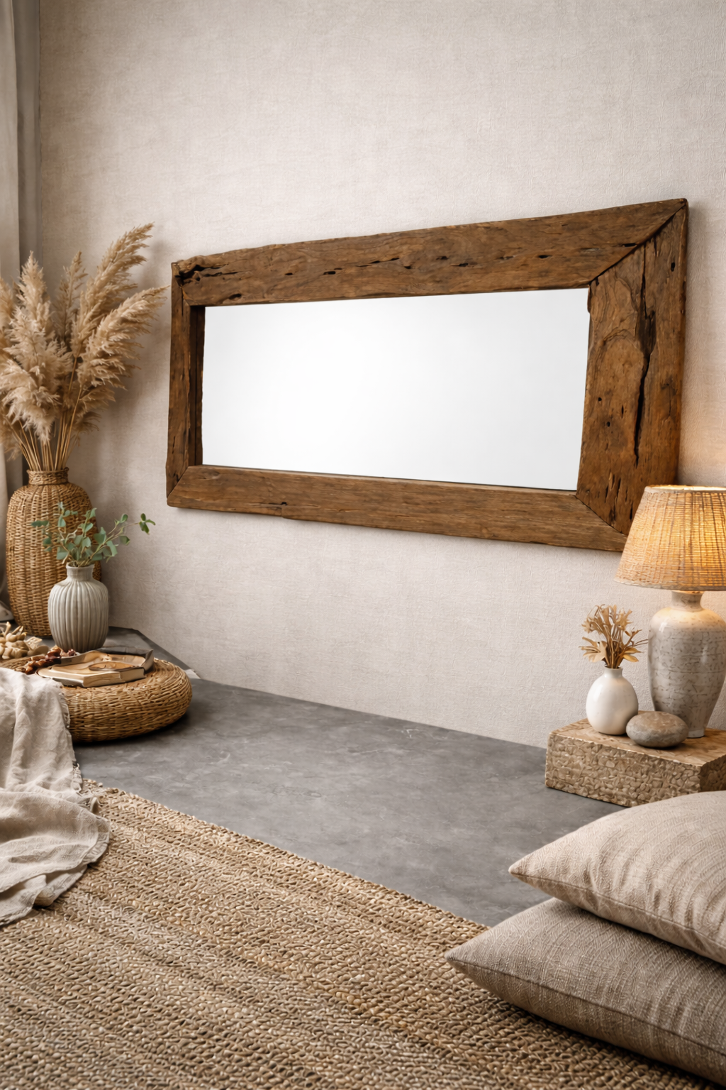 A rustic driftwood-framed mirror hangs on a soft linen wall above a smooth concrete floor, styled with pampas grass, ceramic vases, woven textures, and warm lighting for a calm, natural, cozy atmosphere.