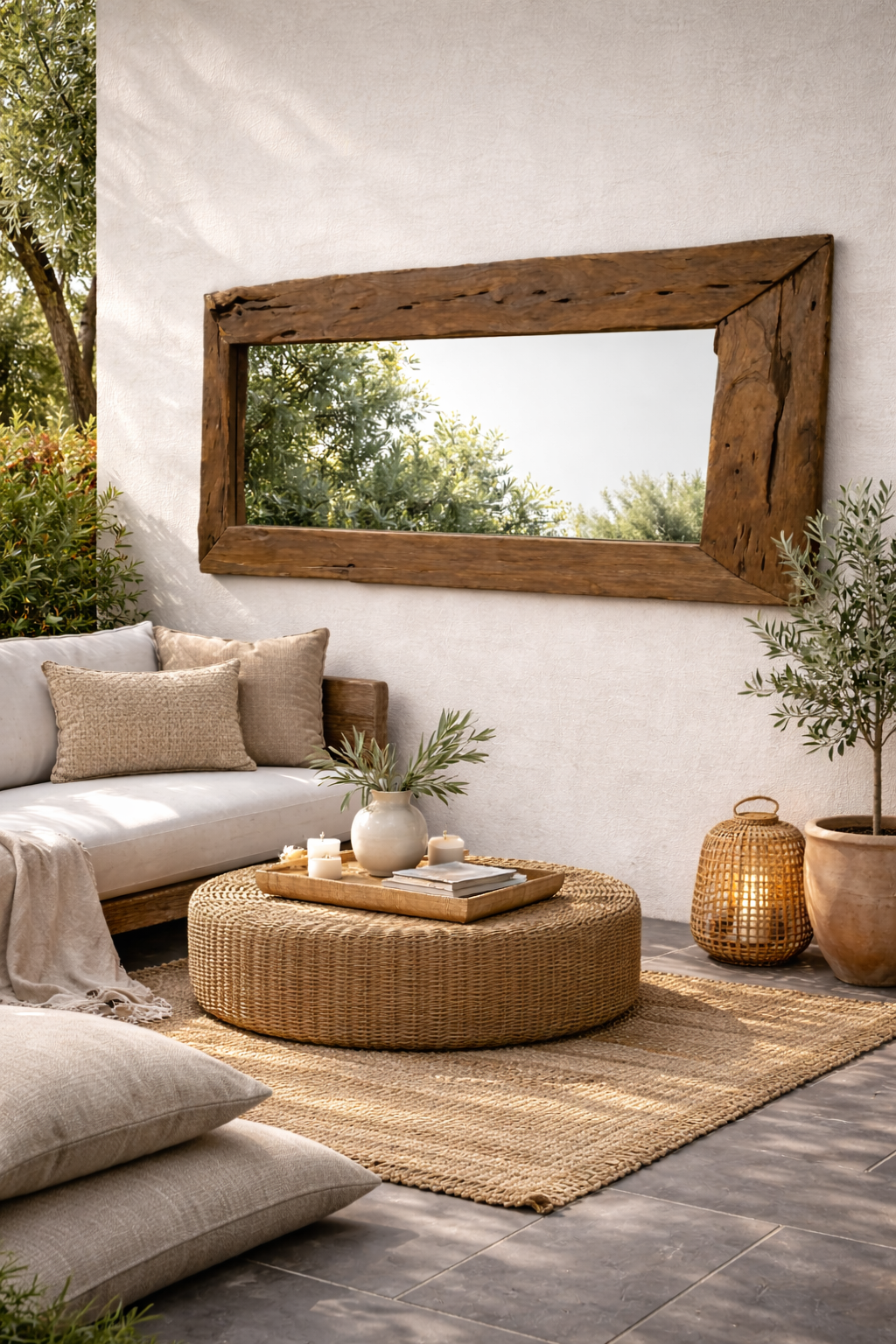 A rustic driftwood mirror hangs on a white stucco patio wall above a woven lounge setting with neutral cushions, a rattan table, candles, and potted olive trees, bathed in warm natural light.