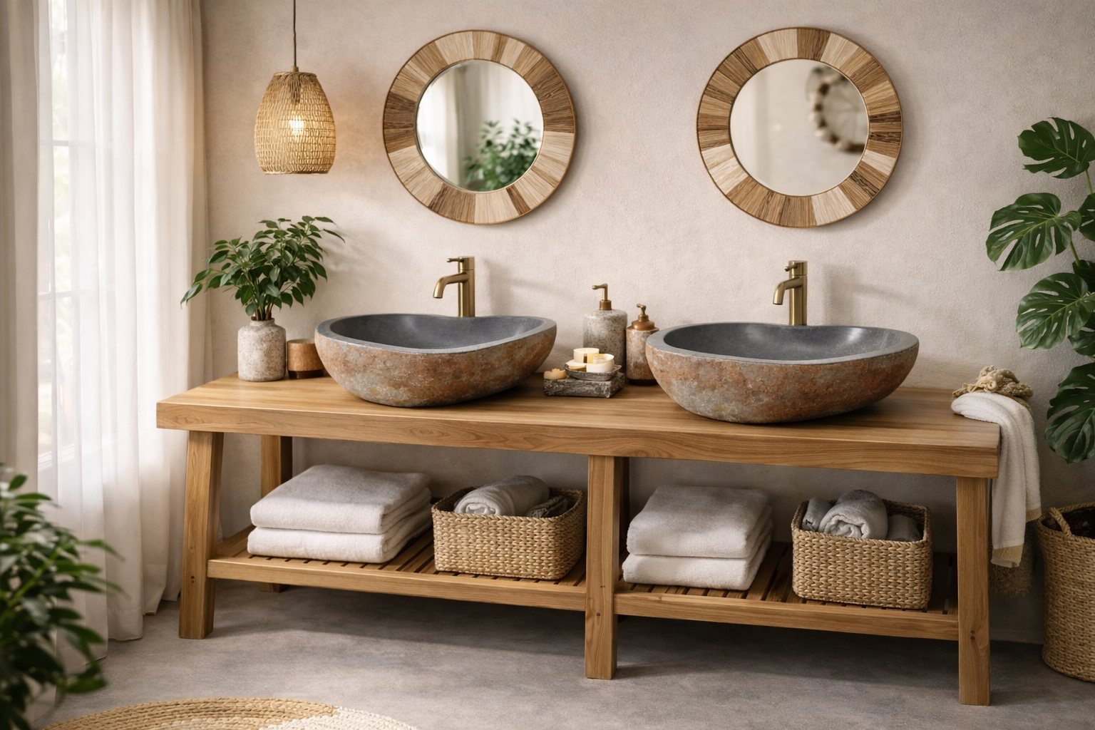 A calm, light-filled bathroom with two rustic stone vessel sinks on a solid wood vanity, simple round wood-framed mirrors above, woven baskets and soft towels below, and leafy plants creating a warm, natural, cosy feel.