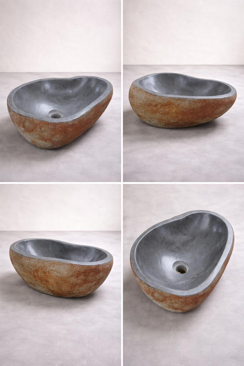 Stone vessel sink with a rough reddish-brown exterior and smooth gray interior, shown from four angles in a minimalist studio with a light concrete floor and linen-colored wall.
