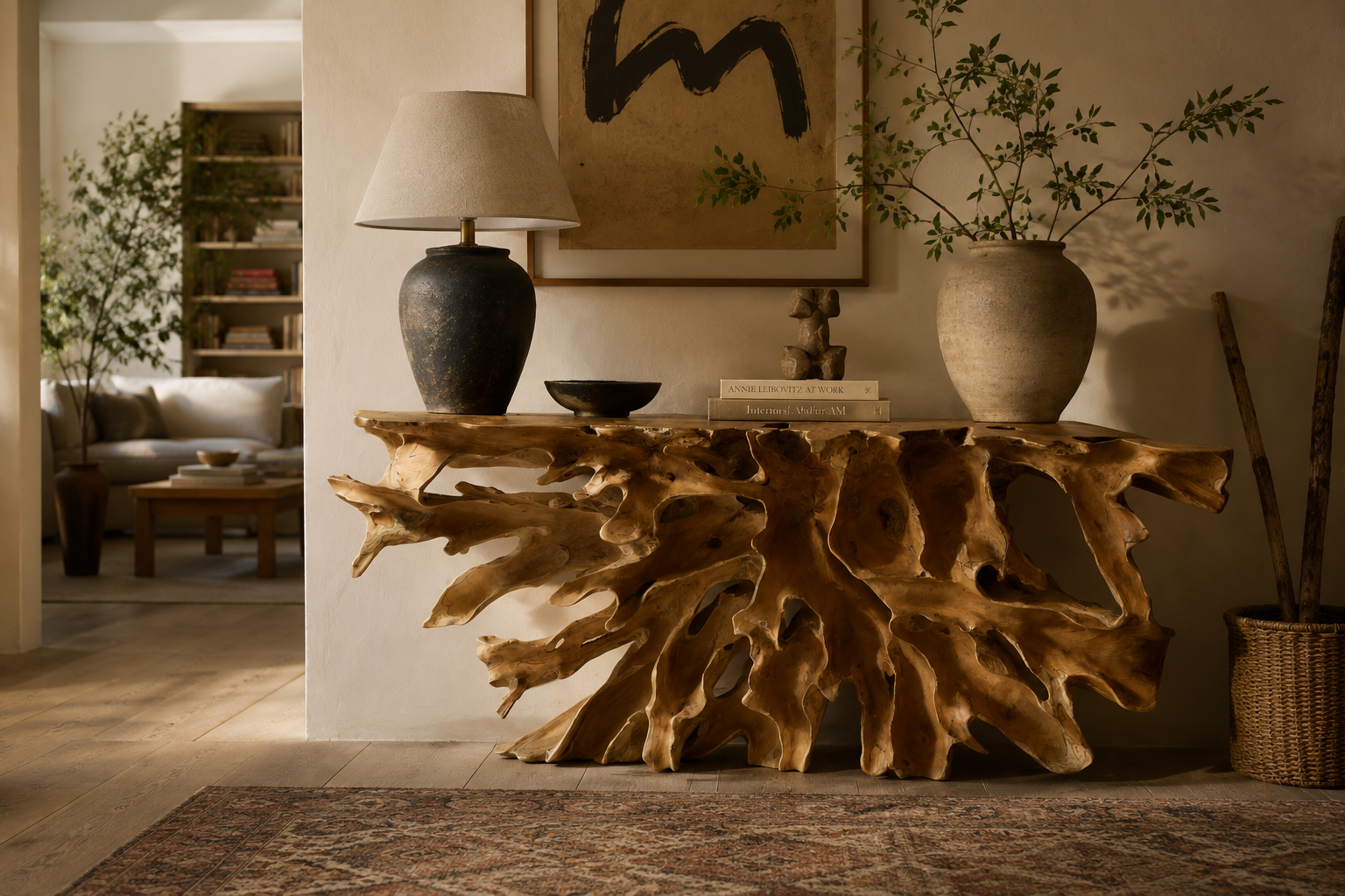 A sculptural natural teak root console table sits against a warm cream wall in a thoughtfully curated home interior. The console is styled with a textured black ceramic lamp, stacked design books, a handmade bowl, and a large earthenware vase filled with leafy branches. An abstract artwork hangs above, while a vintage-inspired rug, woven basket, and a glimpse into a cozy living room create a relaxed, collected atmosphere with soft natural light.