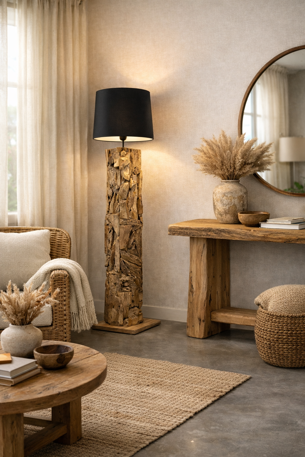 Rustic wooden floor lamp with a dark shade stands in a cozy living room corner beside a rattan chair, wooden console, round mirror, and dried grasses. Soft natural light, neutral tones, and simple décor create a warm, calm atmosphere.