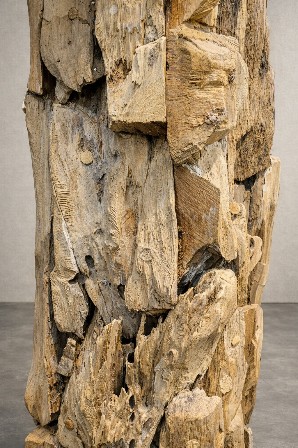 Close-up of a sculptural driftwood lamp base made from layered, weathered wood pieces. Rough textures, cracks, and natural tones are highlighted against a soft linen wall and smooth concrete floor in a studio setting.