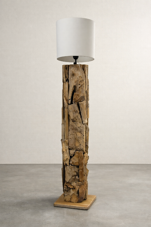 Rustic wooden floor lamp with a light shade stands on the concrete floor of a studio.