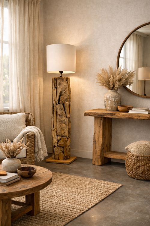Rustic wooden floor lamp with a light shade stands in a cozy living room corner beside a rattan chair, wooden console, round mirror, and dried grasses. Soft natural light, neutral tones, and simple décor create a warm, calm atmosphere.