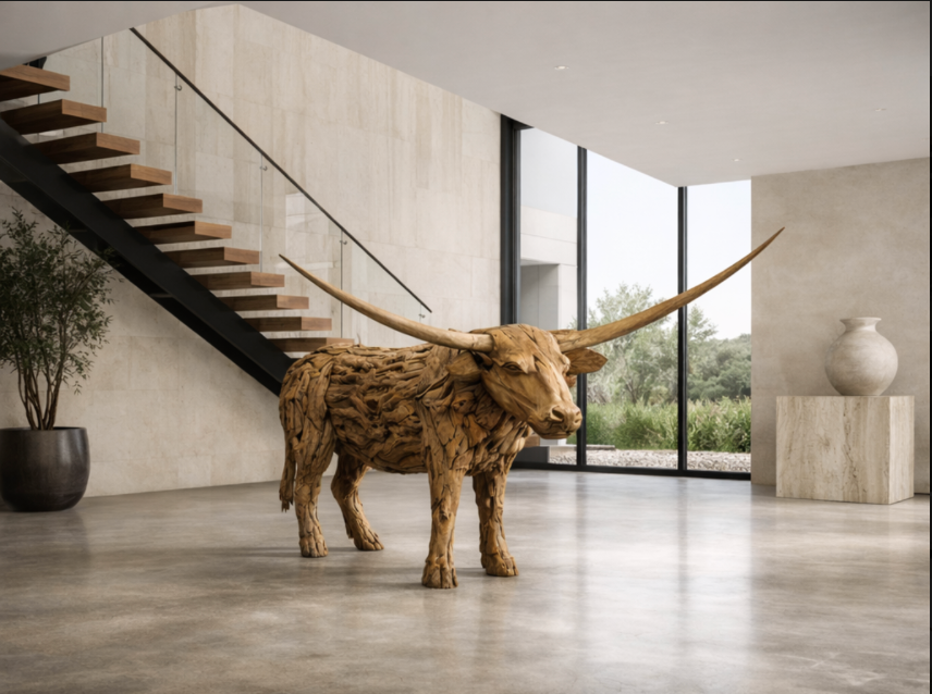 Wooden steer sculpture in a modern interior setting with large windows.