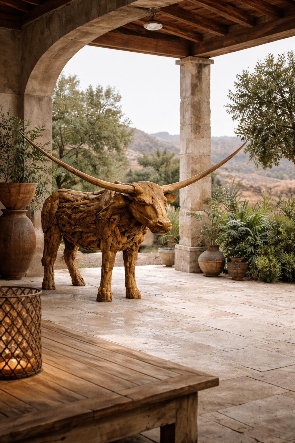 Wooden longhorn bull sculpture on a stone patio with plants and a mountain view.