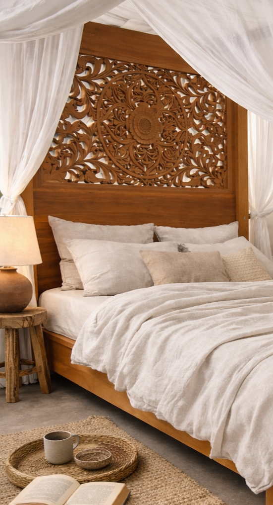 Mahogany canopy bed with an intricately hand-carved mandala headboard, dressed in soft linen bedding and sheer curtains, styled in a calm, nature-inspired bedroom with neutral tones and natural textures.