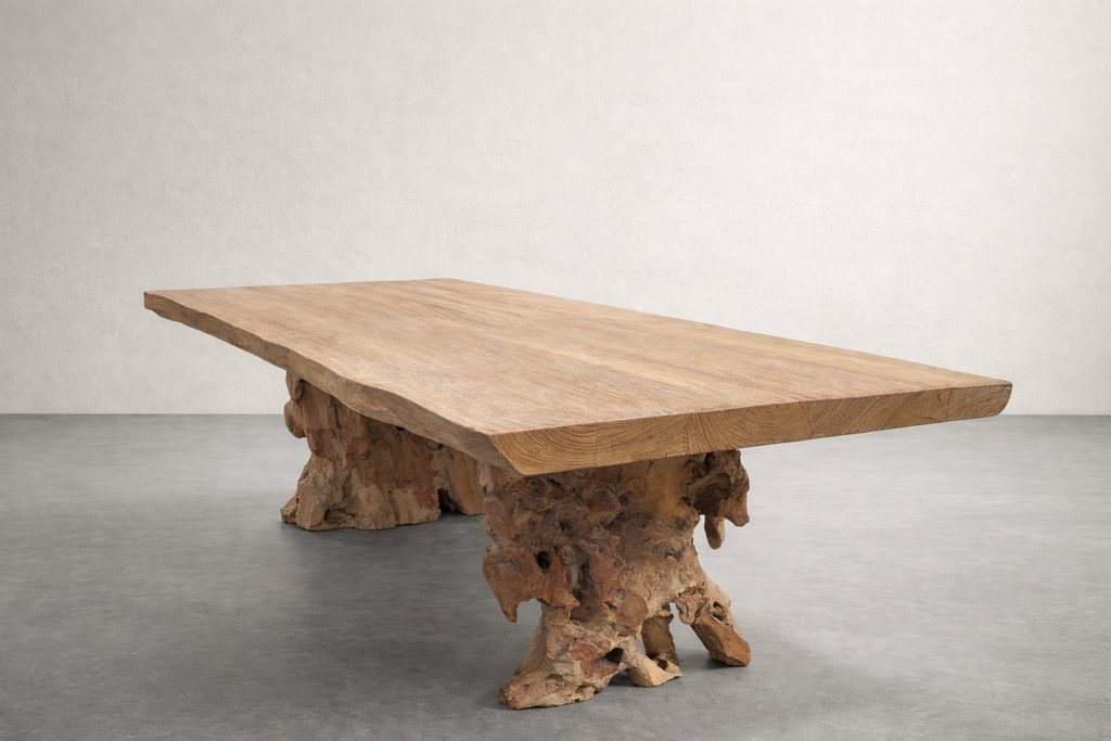 A live-edge wooden dining table with a thick natural teak slab top rests on sculptural, gnarled tree-root legs. The table stands alone in a minimalist studio with a smooth concrete floor and a soft linen-colored wall.