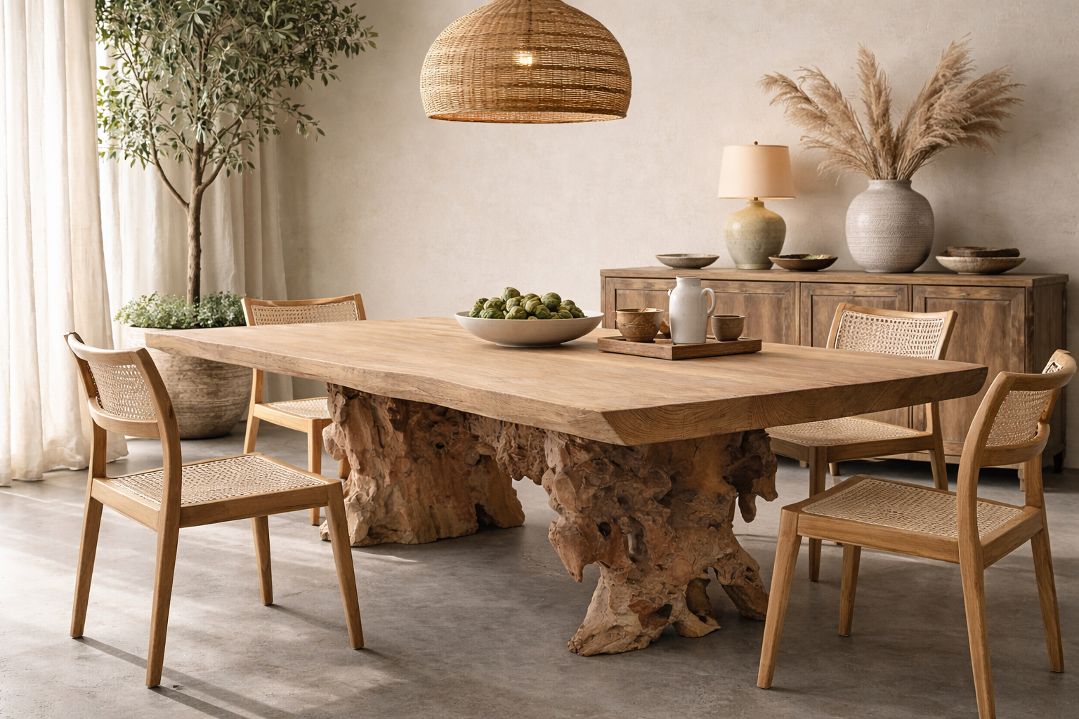 A live-edge teak dining table with sculptural root legs is styled in a warm, minimalist room with woven chairs, soft natural light, a linen wall, potted greenery, and neutral ceramics, creating a calm, cosy, nature-inspired setting.