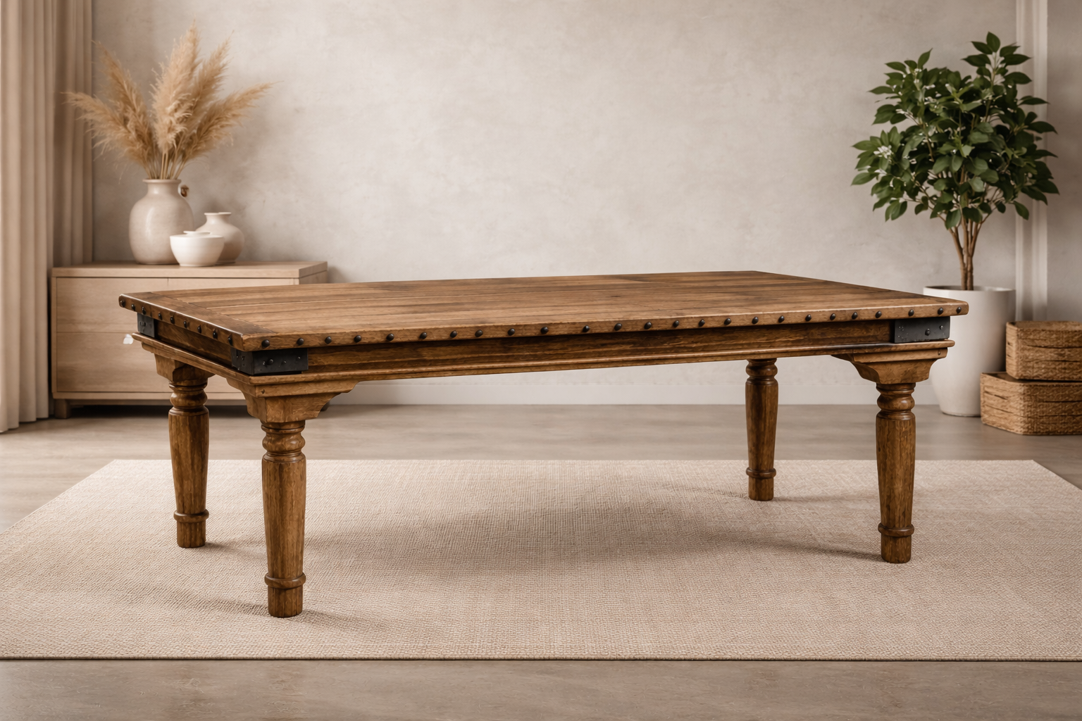 A solid teak wood table with carved legs and metal stud detailing sits on a neutral rug in a calm interior. A light wood cabinet, ceramic vases with dried grass, and a leafy plant create a warm, natural setting.