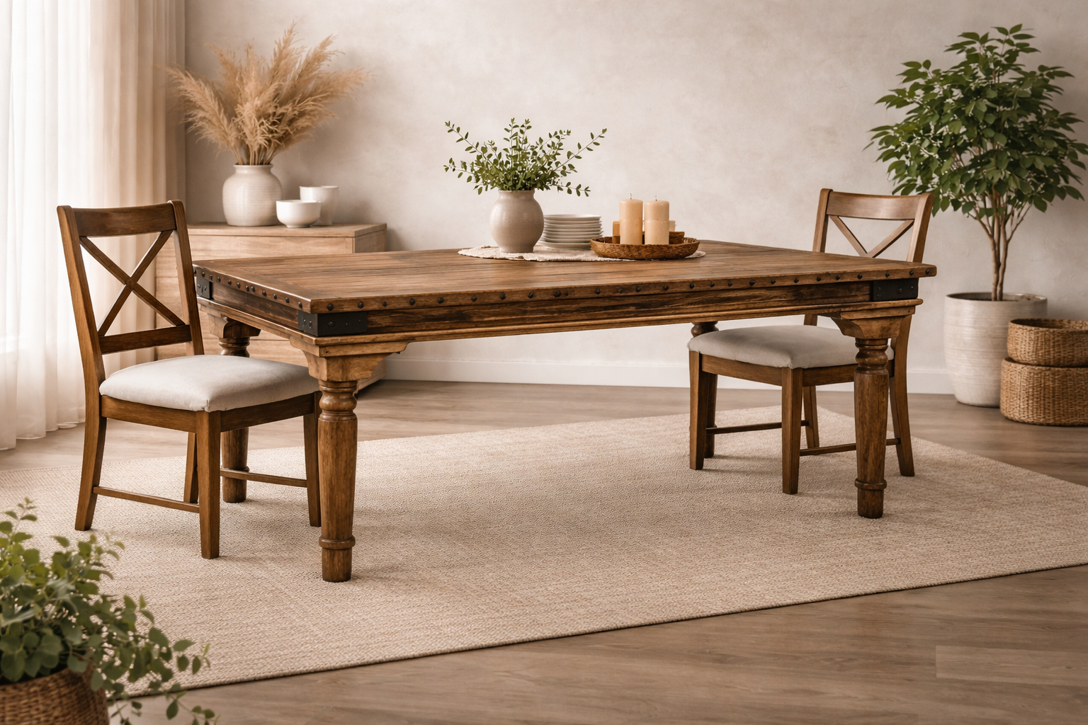 A solid wood table with carved legs and metal stud detailing sits on a neutral rug in a calm interior. Two chairs around the table. A light wood cabinet, ceramic vases with dried grass, and a leafy plant create a warm, natural setting.