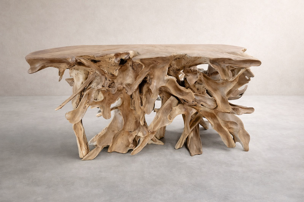 A sculptural solid teak wood table with a smooth, organic top rests on an intricate base of intertwined natural roots, photographed in a minimalist studio with a pale linen wall and smooth concrete floor.