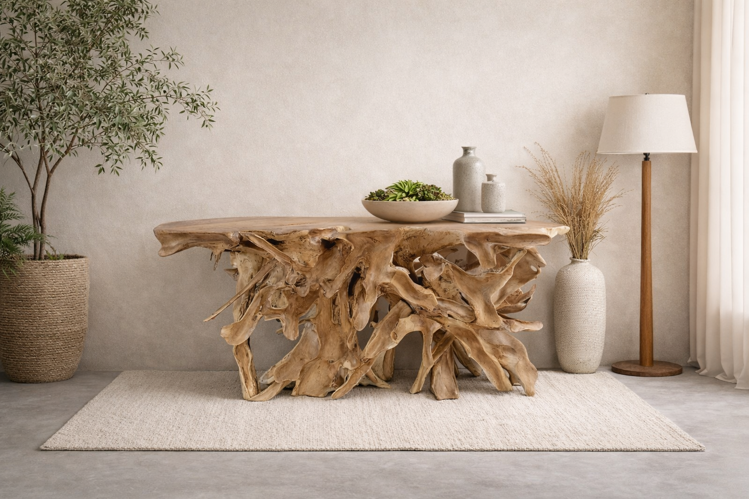 A sculptural teak wood console table with an intricate natural root base sits against a soft linen-toned wall, styled with ceramic vases, greenery, and warm light on a smooth concrete floor, creating a calm, cozy atmosphere.