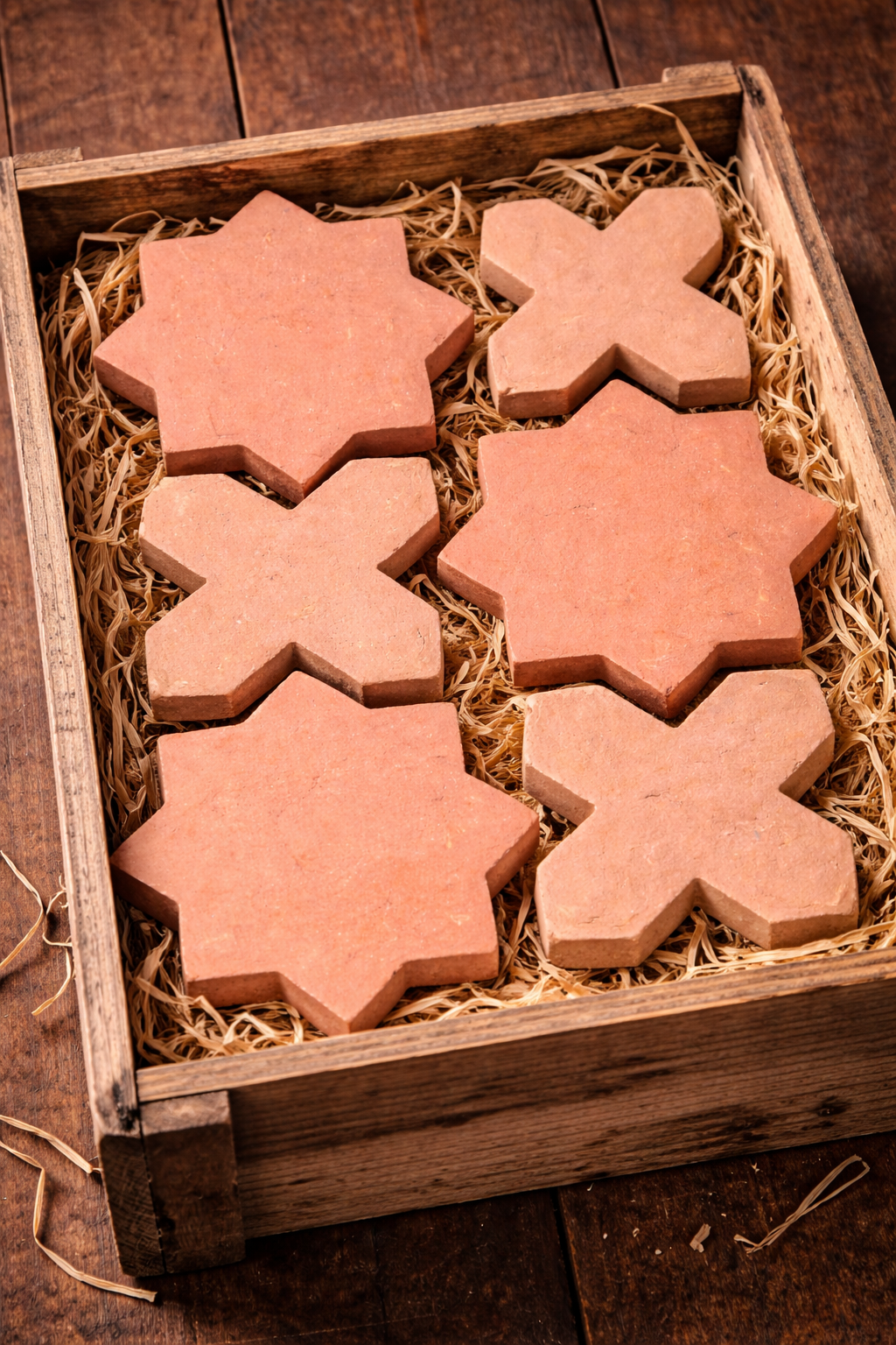 Six handmade terracotta tiles—star and cross shapes—are arranged in two columns in a crate, showing warm earthy tones and natural texture.