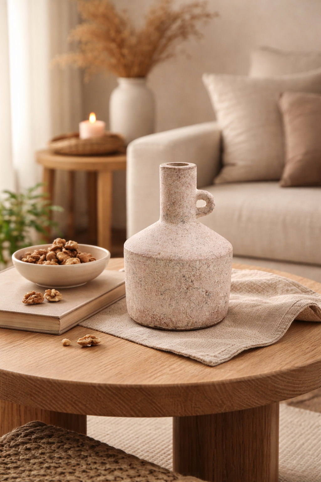 Speckled blush ceramic vase with a small side handle sits on a round oak coffee table atop a linen cloth. Nearby are a bowl of walnuts and a book, with a beige sofa, candle, and dried grasses softly blurred in the background.