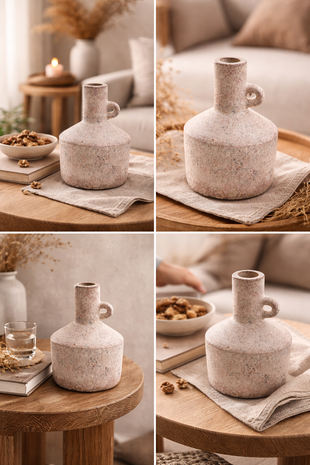 Four photos show a speckled blush ceramic vase with a small side handle on a round oak table. Styled with linen, books, walnuts, a glass of water, and dried grasses, the cozy beige living room background is softly blurred.