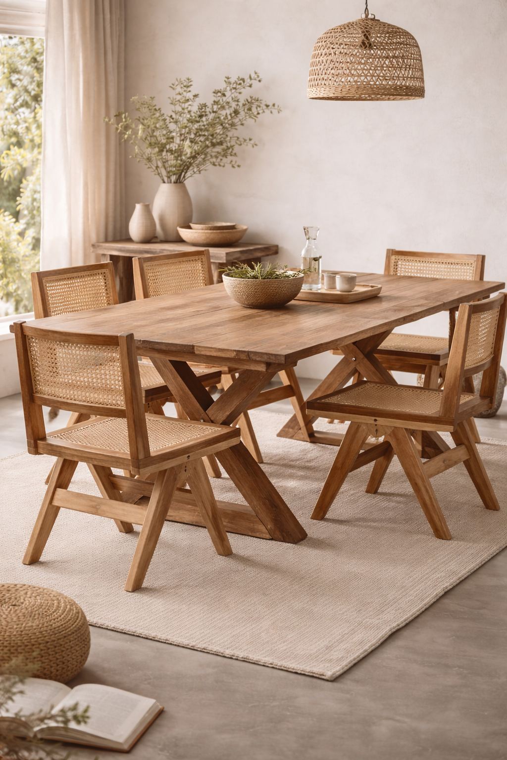 A solid teak dining table is surrounded by five matching cane-back chairs in a calm, light-filled room with linen walls, a woven pendant lamp, soft rug, and simple ceramics, creating a warm, natural, and unpretentious dining setting.