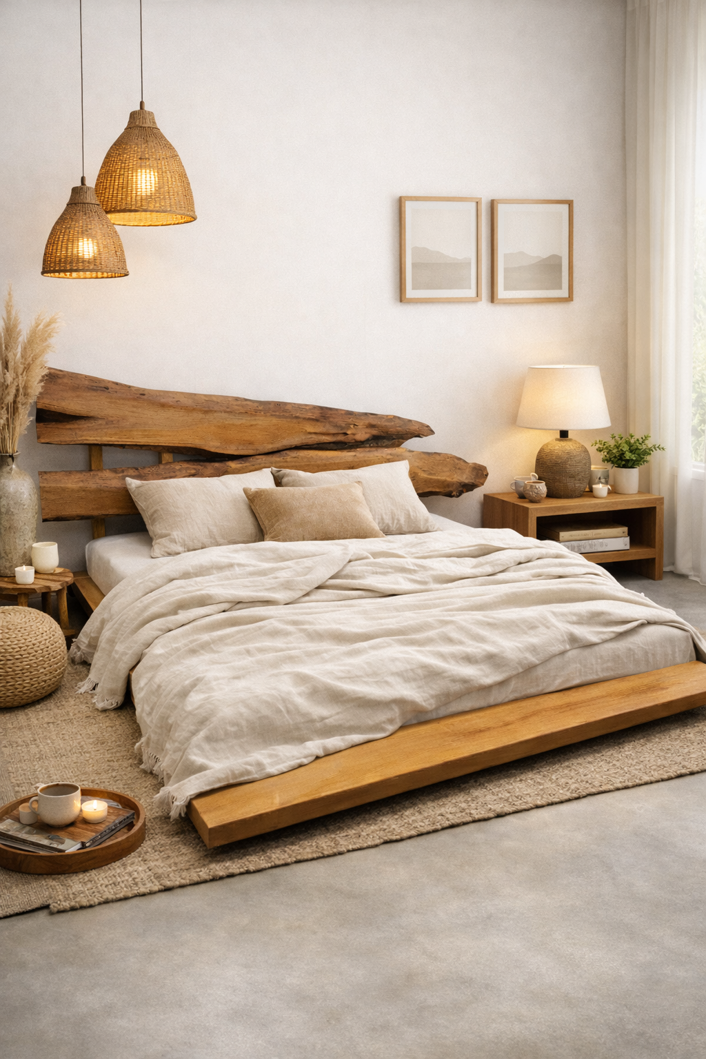 Handcrafted wooden bed with a live-edge headboard, dressed in soft linen bedding, styled in a warm minimalist bedroom with woven pendant lights, natural decor, plants, and a smooth concrete floor for a calm, cozy, nature-inspired feel.